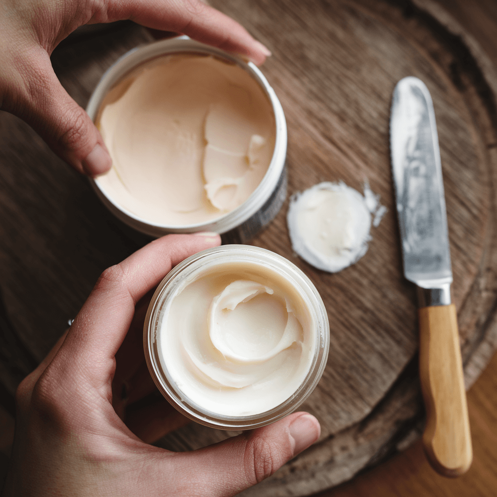 hand holding a jar of lightweight body butter next to a traditional body butter. The traditional body butter is in a tub and has a thicker, more solid consistency. The lightweight body butter is in a jar and has a thinner, more liquid consistency.