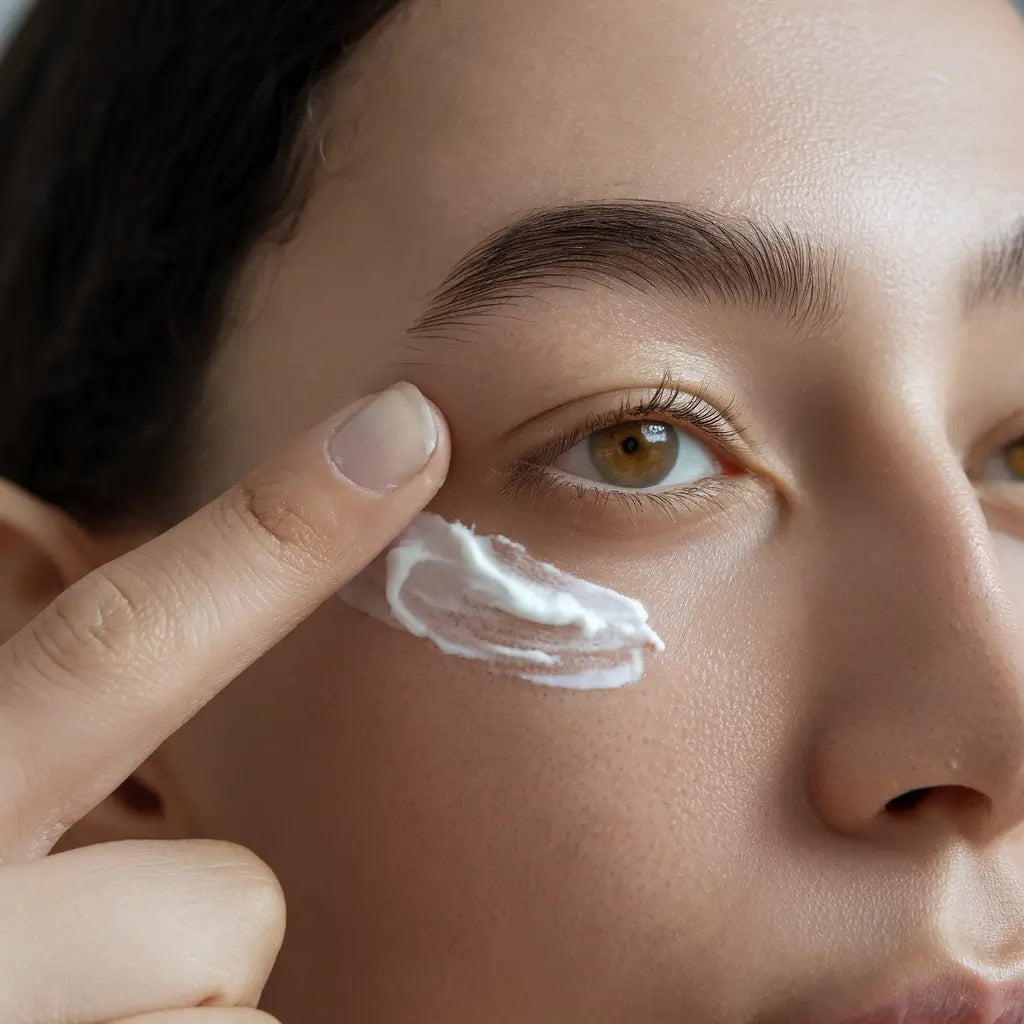 A woman applying Coffee Eye Cream on their skin. The cream is in a small jar and is being patted around the eye area with their finger.