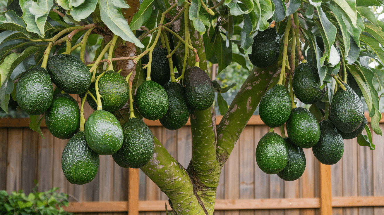 avocado tree with ripe, abundant avocados. The tree has a green, rough bark and is laden with large, dark green avocados. The avocados are hanging from the branches and are of various sizes