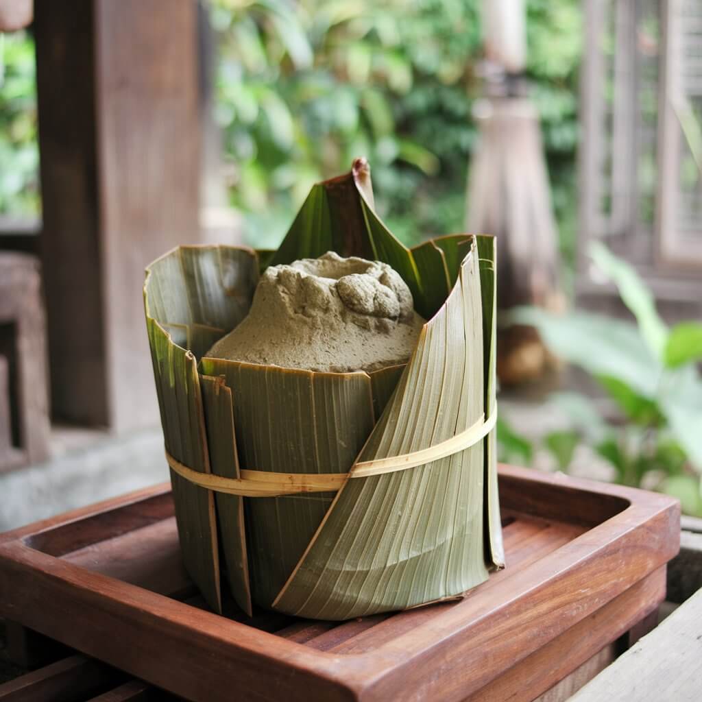 A photo of a traditional Asian clay soap. The soap is wrapped in a banana leaf and has a greenish-brown colour. The soap is placed on a wooden tray. The background is a serene setting with a wooden structure and lush greenery.