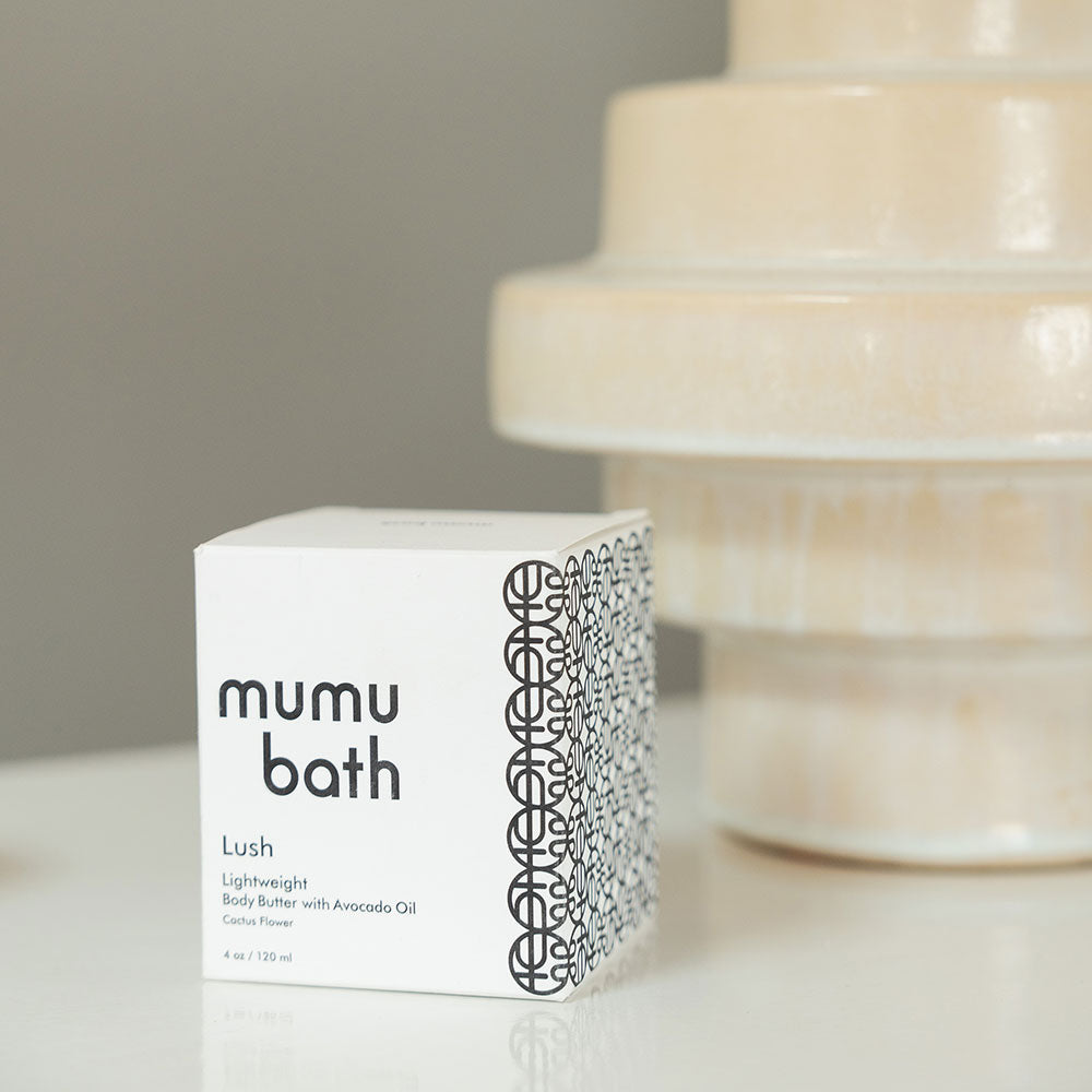 Lush Lightweight Body Butter made with Avocado Oil packaging- beauty product by Mumu Bath